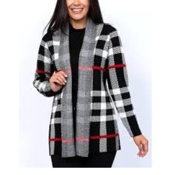 Leo & Nicole Sweater Cardigan Women's 1X Red Black Plaid Open Acrylic Preppy - Picture 8 of 8